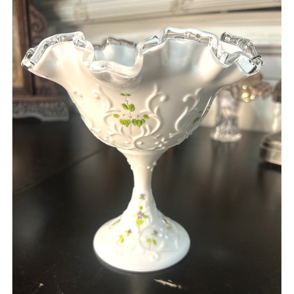 Fenton Violets in the Snow Spanish Lace Compote Signed 1976 C Mackey 6"